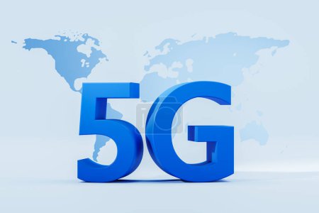 Photo for Large 5G text and world map, wireless internet connection on blue background. Global network high speed network. Concept of technology and world wide web. 3D rendering illustration - Royalty Free Image