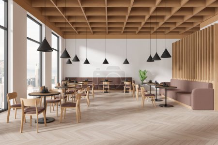 Foto de Interior de elegante restaurante con paredes blancas, suelo de madera, cómodas mesas redondas con sillas marrones y cómodos sofás beige. renderizado 3d - Imagen libre de derechos