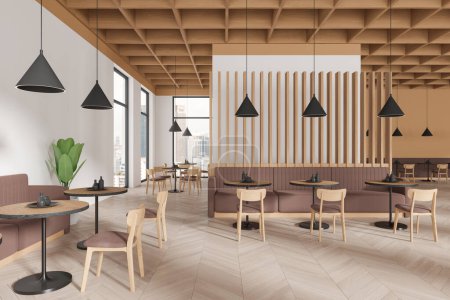 Foto de Interior de restaurante de lujo con sillas de madera y sofá marrón, mesas en fila en el suelo de madera. Café comedor con ventana panorámica en los rascacielos Kuala Lumpur. Renderizado 3D - Imagen libre de derechos