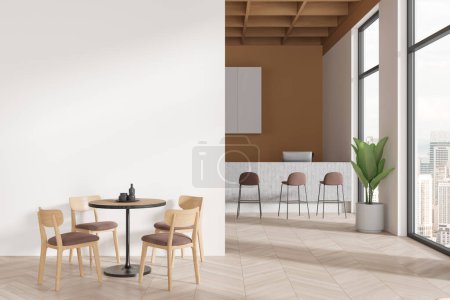 Téléchargez les photos : Intérieur du restaurant moderne avec murs blancs et beiges, parquet, comptoir de bar confortable avec tabourets et table ronde avec chaises. Rendu 3d - en image libre de droit