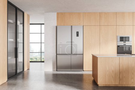 Modern wooden home kitchen interior with bar island, cooking cabinet with refrigerator. Stylish cooking space with cupboard, panoramic window on Bangkok skyscrapers. 3D rendering