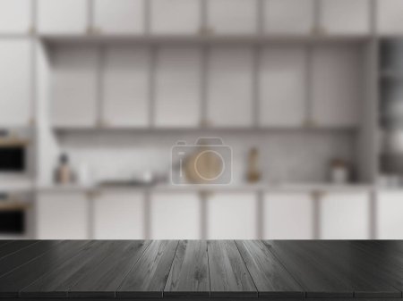 Photo for Black product display table standing in blurry kitchen with white walls and comfortable gray cupboards and cabinets. 3d rendering - Royalty Free Image