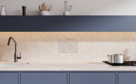 Photo for Modern home kitchen interior with sink and gas stove, quartz counter. Closeup of minimalist blue cooking space with kitchenware in modern apartment. 3D rendering - Royalty Free Image