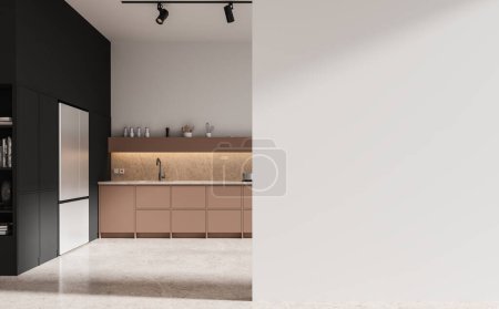 Foto de Interior de la elegante cocina con paredes blancas y negras, suelo de hormigón, armarios beige con fregadero empotrado, nevera grande y pared de espacio de copia a la derecha. renderizado 3d - Imagen libre de derechos