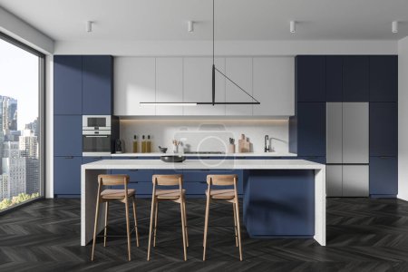 Photo for Interior of modern kitchen with white walls, wooden floor, blue cabinets, white cupboards, big fridge and comfortable blue island with stools, 3d rendering - Royalty Free Image