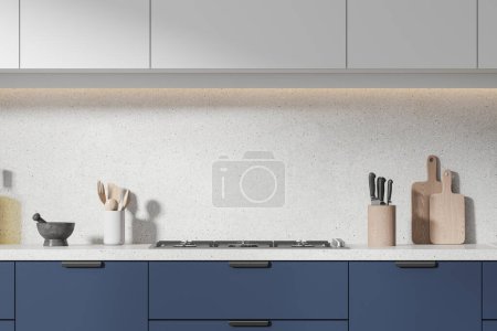 Foto de Interior de la cocina moderna con paredes blancas, cómodos gabinetes azules con cocina incorporada y acogedores gabinetes blancos. renderizado 3d - Imagen libre de derechos