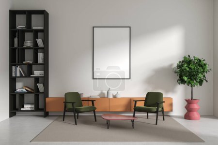 Foto de Casa moderna sala de estar interior dos sillones y mesa de centro, estante con decoración elegante y aparador naranja, alfombra en piso de hormigón. Mock up cartel de lienzo en blanco. Renderizado 3D - Imagen libre de derechos