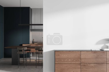 Photo for Luxury home kitchen interior with eating table and bar chairs, cabinet with kitchenware and drawer with decoration. Mock up empty copy space wall partition. 3D rendering - Royalty Free Image