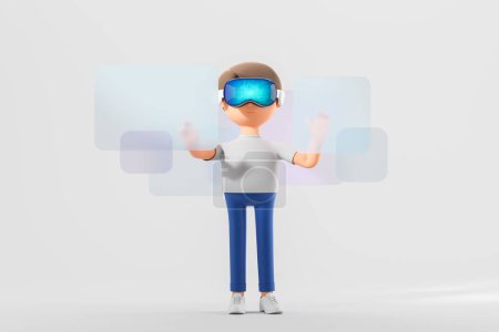 Foto de Hombre de dibujos animados de longitud completa en gafas vr auriculares, manos tocando simulacro de pantalla virtual flotante. Concepto de metáfora, realidad aumentada, menú y aplicación. Ilustración de representación 3D - Imagen libre de derechos