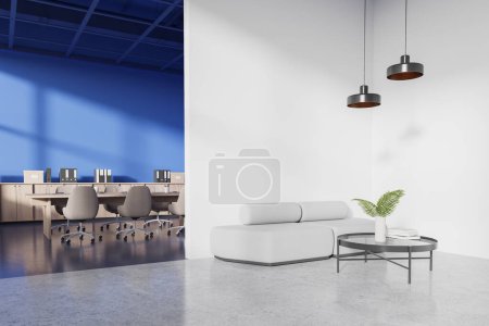 Photo for Corner view of office interior with relax and conference space, board with chairs and drawer on grey concrete floor. Sofa with coffee table and mockup copy space empty wall partition. 3D rendering - Royalty Free Image