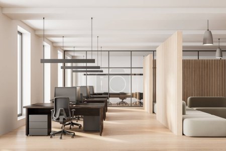 Photo for Wooden and white office interior with relax place and sofa, pc computers on desks in row. Stylish workplace and glass meeting room with board. 3D rendering - Royalty Free Image