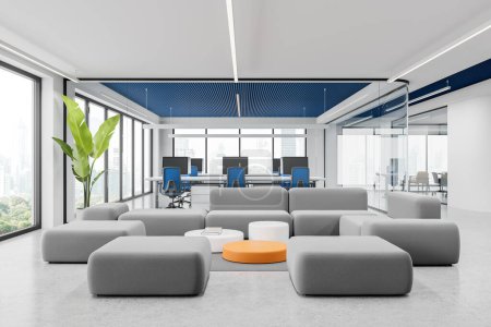 Photo for White business interior with chill space and glass coworking room. Workplace with pc computers, modular sofa near panoramic window on Bangkok skyscrapers. 3D rendering - Royalty Free Image
