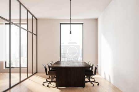 Photo for Beige conference interior with chairs and board, hardwood floor. Minimalist glass meeting room and panoramic window on Kuala Lumpur skyscrapers. 3D rendering - Royalty Free Image