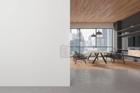 Photo for Stylish office interior with board and armchairs, laptop and tv console with decoration. Business conference room, panoramic window on Bangkok skyscrapers. Mock up empty wall partition. 3D rendering - Royalty Free Image