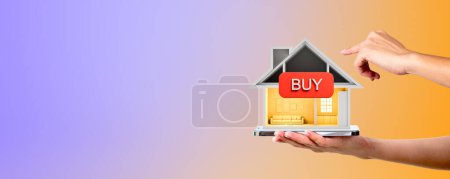 Photo for Hands of businesswoman holding smartphone with buy sign over purple and yellow copy space background. Concept of real estate purchase - Royalty Free Image
