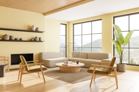 Photo for Corner view of hotel living room interior with sofa and armchairs, coffee table and shelf with fireplace. Meeting zone with panoramic window on countryside. 3D rendering - Royalty Free Image