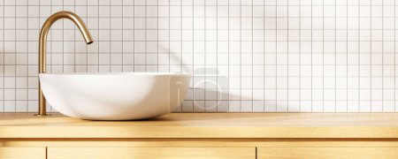 Foto de Interior de baño de lujo con lavabo y grifo de oro, mostrador de madera y pared de baldosas de espacio de copia vacía. Zona de baño minimalista en apartamento moderno. Renderizado 3D - Imagen libre de derechos