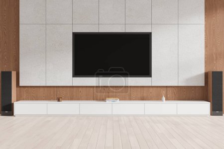 Foto de Elegante hogar interior de la sala de estar con consola de tv, sistema de sonido y estante con decoración de arte en el suelo de madera. Relájese con la televisión. Renderizado 3D - Imagen libre de derechos