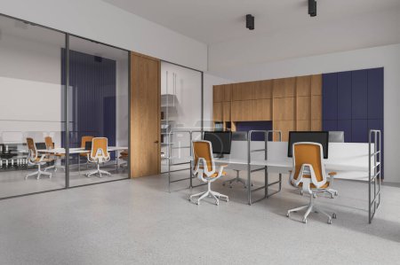 Photo for Corner view of business interior with coworking and glass conference room, side view pc monitors on desk in row and armchairs. Meeting and workplace in modern loft. 3D rendering - Royalty Free Image