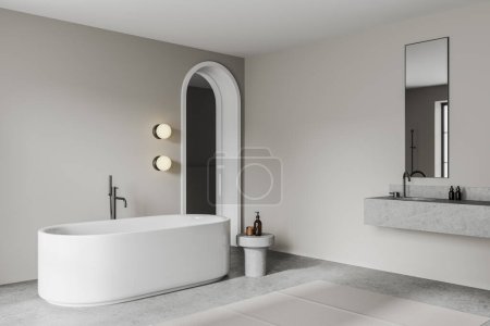 Photo for Corner view of hotel bathroom interior with bathtub and sink, carpet on light concrete floor. Bathing corner in modern apartment. Arch door entrance. 3D rendering - Royalty Free Image