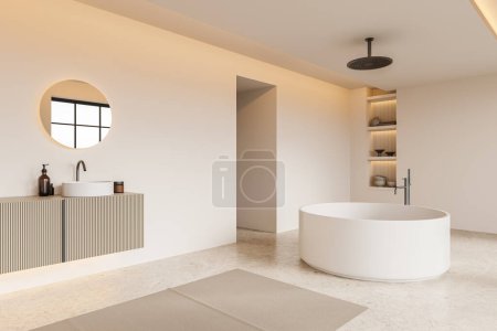 Téléchargez les photos : Coin de salle de bain élégante avec murs beige, sol en béton, baignoire ronde confortable et lavabo rond avec miroir rond suspendu au-dessus. Rendu 3d - en image libre de droit