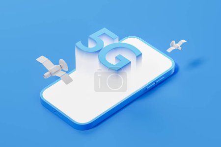 View of smartphone with 5G sign and small satellites over blue background. Concept of telecommunication, internet connection and communication. 3d rendering
