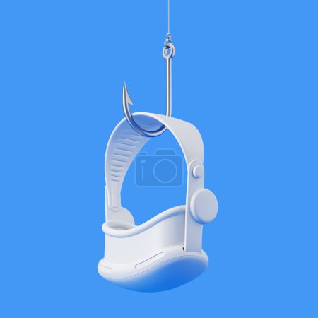 Foto de Dibujos animados blanco vr gafas auriculares en un gancho de pesca, fondo azul. Concepto de videojuegos, adicción, tecnología futurista y realidad virtual. Ilustración de representación 3D - Imagen libre de derechos