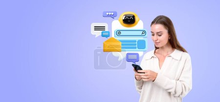 Photo for Woman holding smartphone and smiling, robot communication icons with speech bubbles flying, mockup cloud copy space. Concept of virtual assistant, machine learning and social media - Royalty Free Image