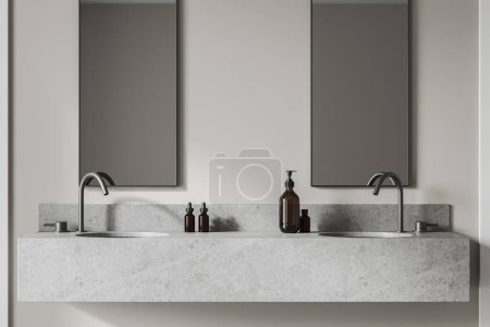 Foto de Interior de baño elegante con paredes grises y lavabo doble masiva con dos espejos verticales colgando por encima de ella. renderizado 3d - Imagen libre de derechos