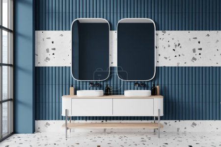 Photo for Interior of stylish bathroom with white and blue walls, marble floor and comfortable double sink with two vertical mirrors above it. 3d rendering - Royalty Free Image
