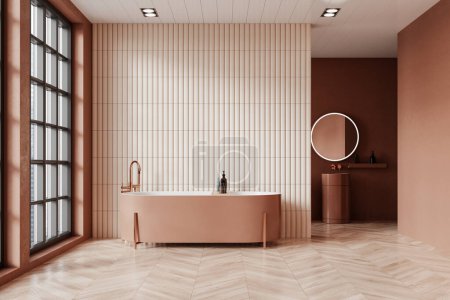 Photo for Beige hotel bathroom interior with bathtub, sink with mirror and shelf with accessories. Panoramic window on skyscrapers. Empty copy space tile wall. 3D rendering - Royalty Free Image
