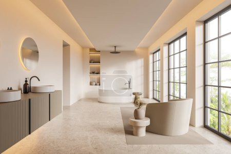 Photo for Interior of modern bathroom with beige walls, concrete floor, comfortable round bathtub and double round sink with two round mirrors hanging above it. 3d rendering - Royalty Free Image