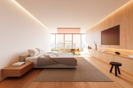Photo for Luxury hotel bedroom interior with bed and bathtub, carpet on hardwood floor. Tv display and wooden shelf, panoramic window on Bangkok skyscrapers. 3D rendering - Royalty Free Image