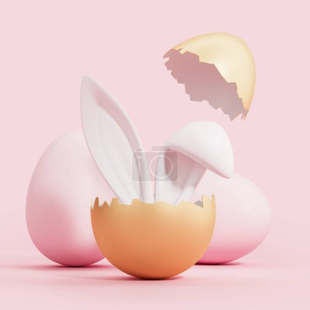 Photo for Cracked or broken egg with bunny ears on pink background. Concept of Easter egg decoration and hunt, holiday and celebration. 3D rendering illustration - Royalty Free Image