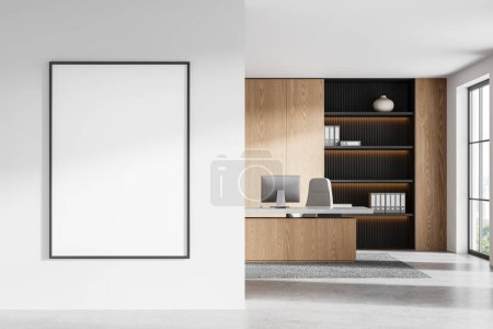 Photo for Wooden office interior desk and pc computer, panoramic window on Bangkok. Ceo workplace with technology and shelf with folders. Mockup copy space poster on partition. 3D rendering - Royalty Free Image