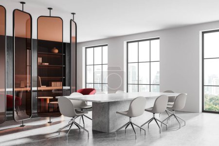 Photo for Corner view of meeting room interior with table and chairs in row, light concrete floor. Consulting or ceo space behind glass partition, panoramic window on Bangkok. 3D rendering - Royalty Free Image