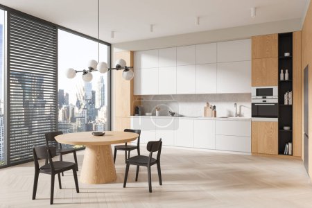 Photo for Corner view of wooden and white home kitchen interior, dinner table and chairs on hardwood floor. Luxury eating and cooking space with shelves and panoramic window on New York. 3D rendering - Royalty Free Image