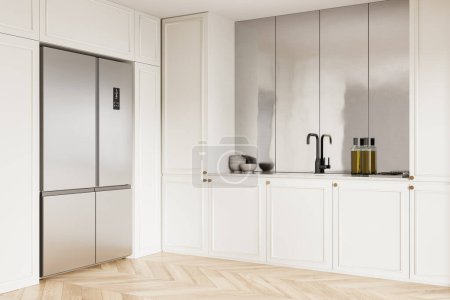 Foto de Esquina de la elegante cocina con paredes blancas, suelo de madera, armarios blancos con fregadero incorporado y nevera grande. renderizado 3d - Imagen libre de derechos