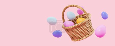 Téléchargez les photos : Vue du panier rempli d'œufs de Pâques colorés sur fond d'espace de copie rose. Concept de célébration et de fête de Pâques. Rendu 3d - en image libre de droit