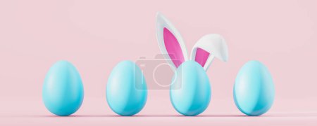 Foto de Simular espacio de copia huevos azules en fila y uno con grandes orejas de conejo, fondo rosa de gran formato. Concepto de Pascua, compras en línea, caza y venta de vacaciones. Ilustración de representación 3D - Imagen libre de derechos
