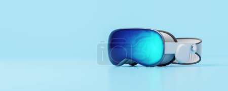 Photo for View of new VR virtual reality goggles over blue copy space background. Concept on hi tech, metaverse and cyberspace exploration. 3d rendering - Royalty Free Image