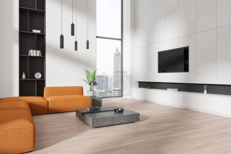 Photo for Corner view of modern home living room interior with sofa and tv display, coffee table with decoration on hardwood floor. Panoramic window on Bangkok skyscrapers. 3D rendering - Royalty Free Image