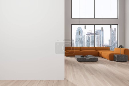 Photo for Interior of modern living room with white walls, wooden floor, comfortable orange couch standing near coffee table and copy space wall on the left. 3d rendering - Royalty Free Image