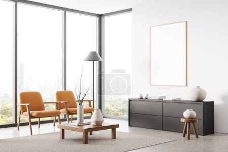 Photo for Corner view of home living room interior with sideboard and soft armchairs, carpet on concrete floor. Lounge zone with panoramic window on Bangkok. Mock up canvas poster. 3D rendering - Royalty Free Image