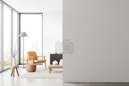 Cozy home living room interior with armchair, drawer and coffee table with decoration. Chill space with panoramic window on Bangkok. Mock up copy space wall partition. 3D rendering
