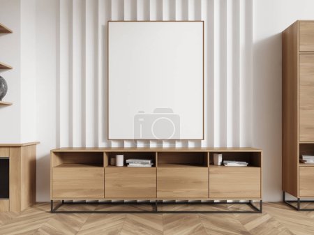 Foto de Interior de la sala de estar minimalista con paredes blancas, suelo de madera, cómoda cómoda cómoda cómoda de madera con libros y maqueta vertical de póster. renderizado 3d - Imagen libre de derechos
