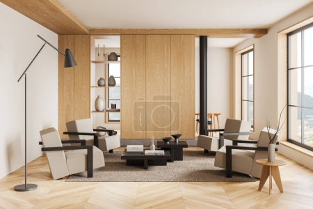 Foto de Interior de la sala de estar en casa beige con lugar suave, sillones y mesa de comedor detrás de la partición estante. Moderna zona de estar en apartamento con ventana panorámica al campo. Renderizado 3D - Imagen libre de derechos
