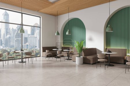 Foto de Vista de esquina del interior de la cafetería con sillas marrones y sofá, mesas en piso de hormigón azulejo. Comedor con ventana panorámica sobre los rascacielos de Bangkok. Renderizado 3D - Imagen libre de derechos