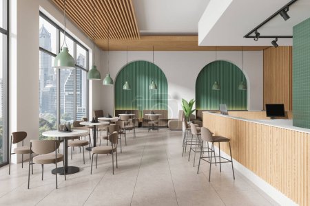 Téléchargez les photos : Intérieur du restaurant élégant avec des murs blancs et verts, sol carrelé, comptoir de bar en bois et tables rondes avec chaises. Rendu 3d - en image libre de droit