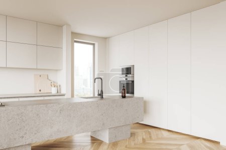 Photo for Corner view of luxury home kitchen interior with stone bar island. White shelves with kitchenware, cooking area in modern apartment with panoramic window on Bangkok. 3D rendering - Royalty Free Image